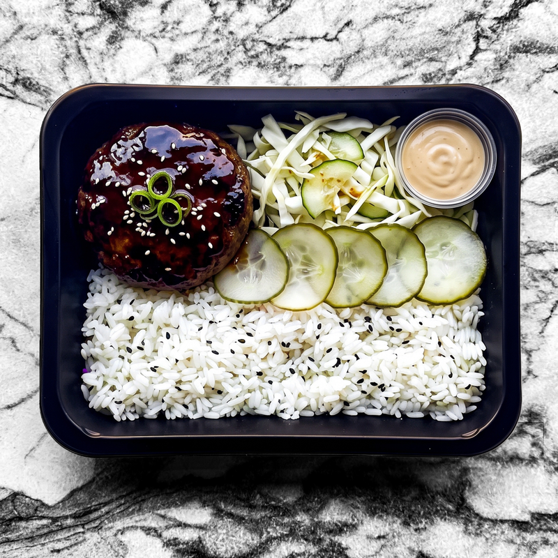Burger de bœuf laqué à l’asiatique, salade de chou blanc et concombre, mayonnaise miso