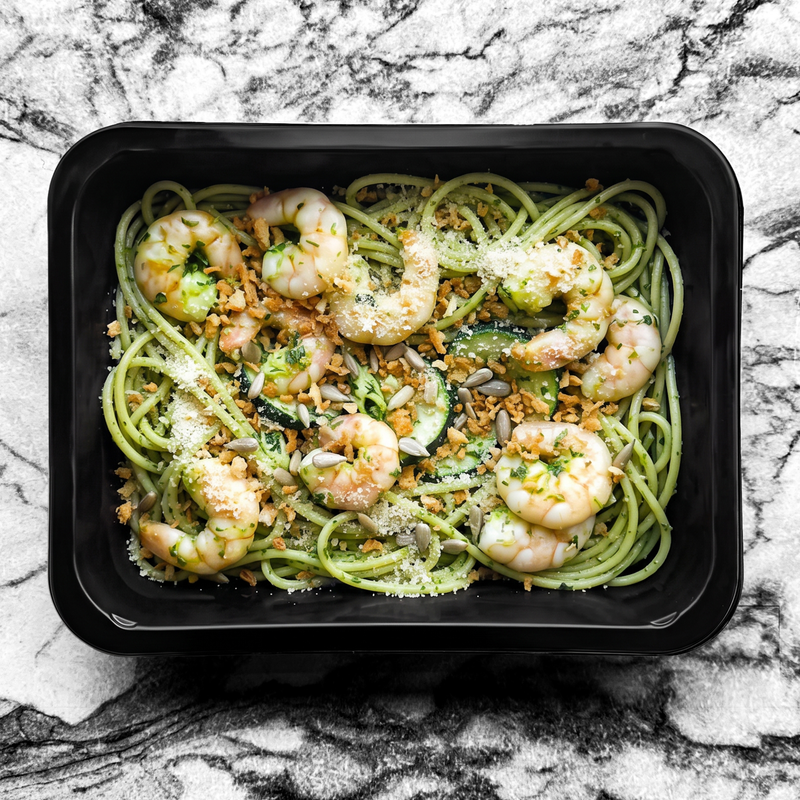 Pâtes aux scampis, ail et piment, chapelure grillée, courgette et parmesan