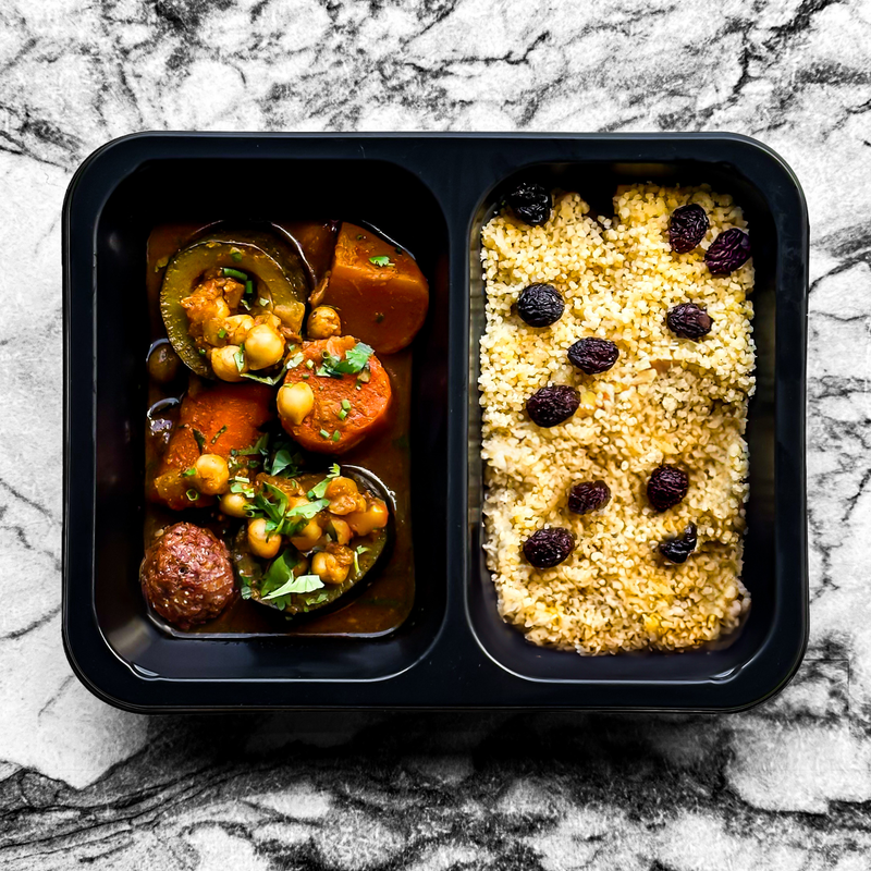 Couscous de légumes et pois chiches aux raisins secs, semoule