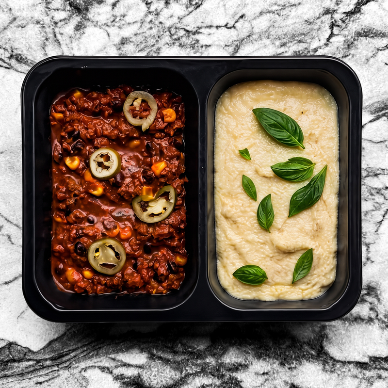 Chili sin carne et polenta au cheddar