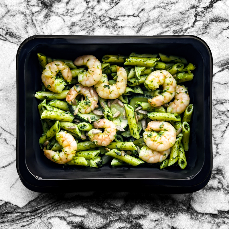 Pâtes aux scampis, pesto vert de pistache et courgettes, parmesan
