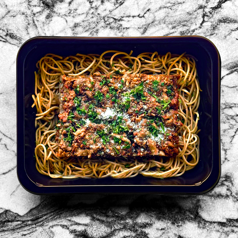 Parmigiana et spaghetti aux tomates cerises confites