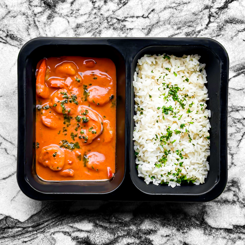 Scampis à la diable, poivrons confits et riz
